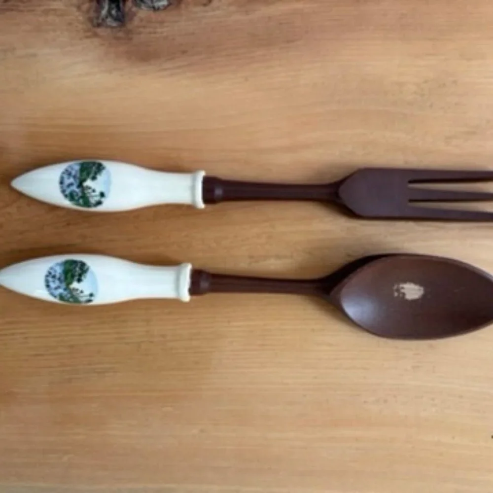 Vintage SOUVENIR Of FLORIDA Wood & Porcelain SALAD Servers FORK & SPOON